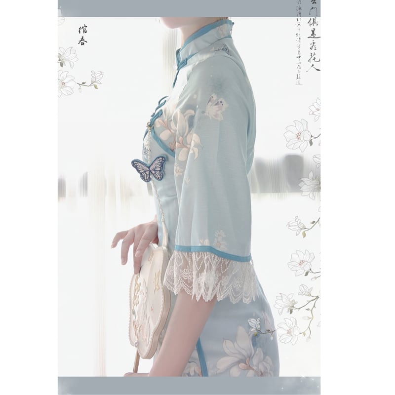 [Dust Smoke Cloud Dream --- Unlan Jade Nishiki Series]★China-style dress★Cheongsam dress, Chinese clothes, short sleeves, long length, butterfly ornament included