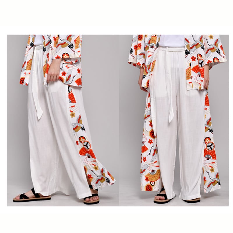 [Mumuki Series] ★Chinese-style pants★ 2 colors, black or white, fan pattern, stylish, gaucho pants, gaucho, casual