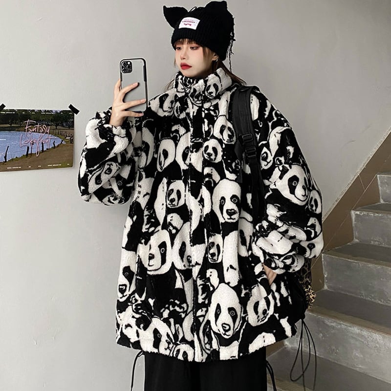 [MGJM Series] Double-sided outer coat, panda, loose, winter clothes, winter coat, black, black, fashion