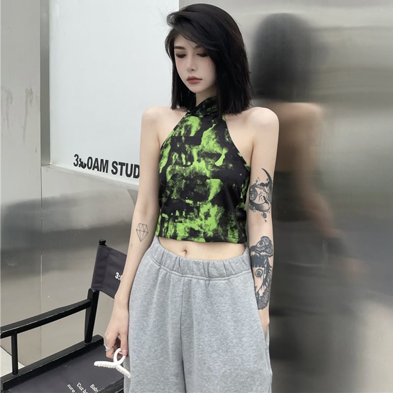 [Style Series] ★China style tops★ Camisole Tank Top Tie-dyed Easy to match Slimming Green Green