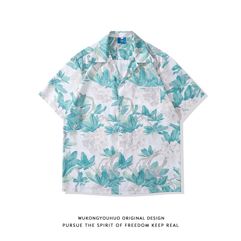 [JINKESEN Series]★Shirt★ 2color Aloha Shirt Okinawa Hawaii Tops Short Sleeve Shirt Unisex Men's Floral Pattern Shirt Green