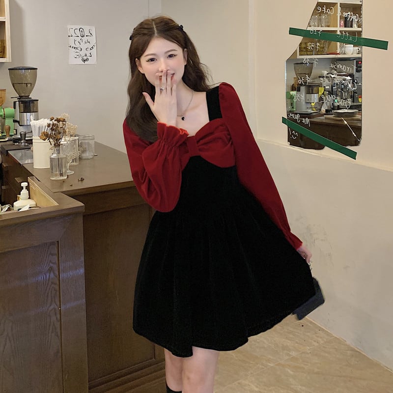 [Kodokuya Series] ★Dress★ Large size, slimming, fake layered, Christmas, New Year, red, black