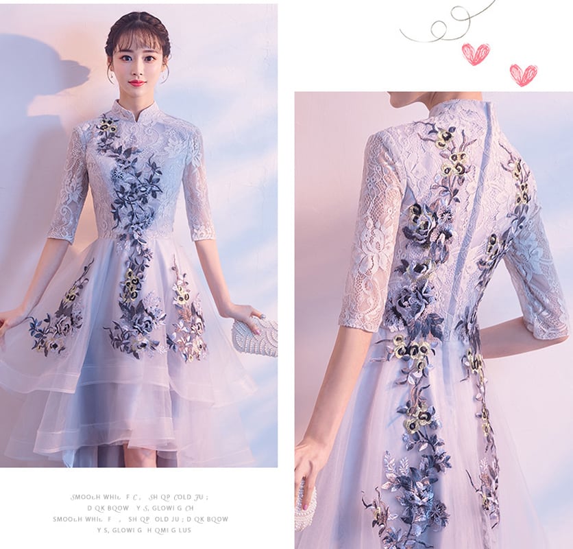 Party Dress, One Piece, Improved Chinese Dress, Long Dress, After-Party, Wedding, Concert, Elegant, Chinese Style, Stand Neck, Half Sleeves, Long Length, Asymmetrical, Large Size, Blue, Blue, Embroidered, Lace