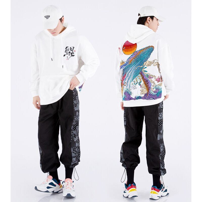 [Machiha clan series] ★China style hoodie★ 2color black or white whale embroidery wave black white tops large size