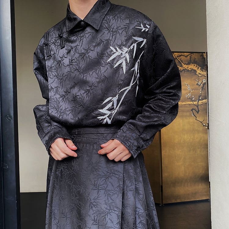 [Illustrated series] ★China style shirt★ 2color tops embroidery bamboo unisex men's black apricot