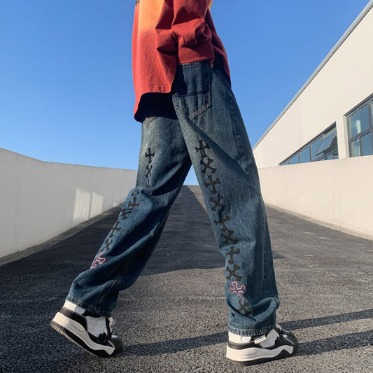 [Emeisa Series]★Denim Pants★ 2color Bottoms Pants Unisex Men's Cross Unique Blue Black