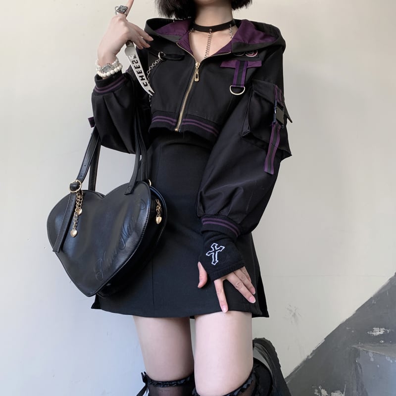 [Momoko Sakura Series] ★Jacket★ Outer mini length cute hooded black black easy to match