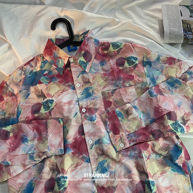 [STRAPPING Series]★Shirt★ Tops Print Casual Unisex Men's Spring Clothes Autumn Clothes Thin Chiffon Oil Painting Style