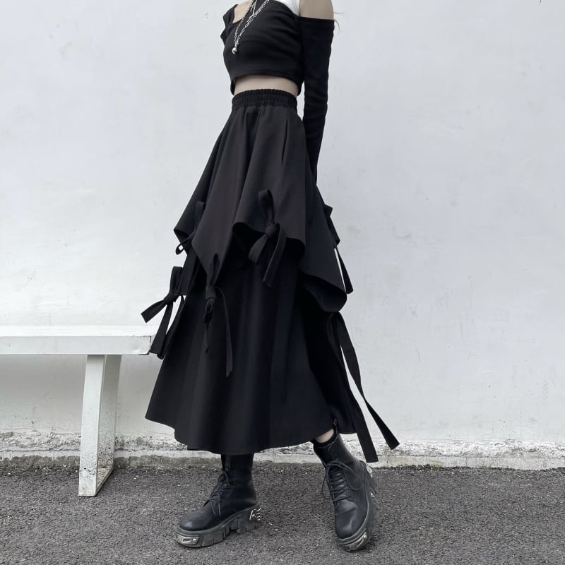 [Miyakoya Series]★Skirt★ Bottoms Irregular Asymmetrical Unique Harajuku style Easy to match Slimming Elastic waist Black Black