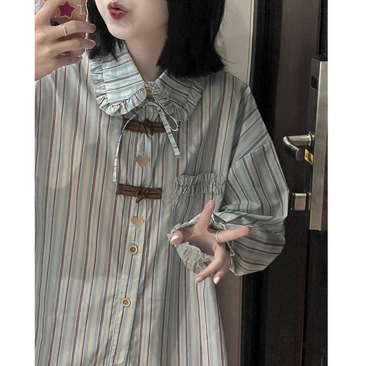 [TANGCHAO Series]★Shirt★ 2color Tops Vertical stripes Striped pattern Thin Cute Easy to match Date Commuting