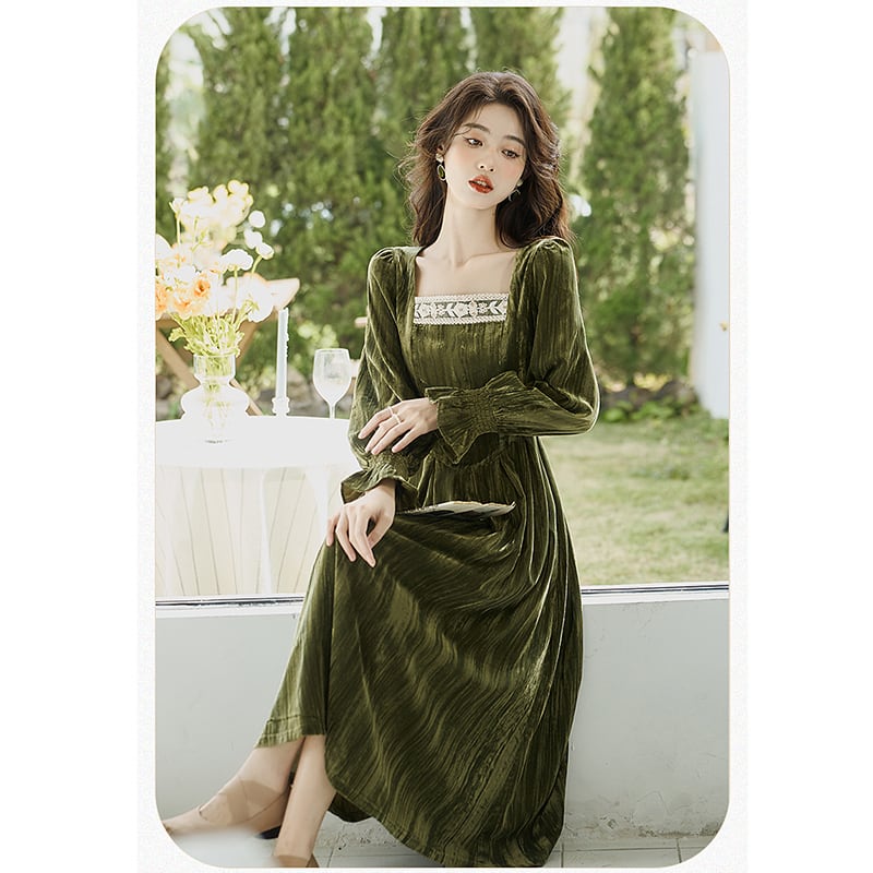 [Kasa Castle Series] ★One Piece★ Velvet Retro Green Green SML XL Party Wedding Date