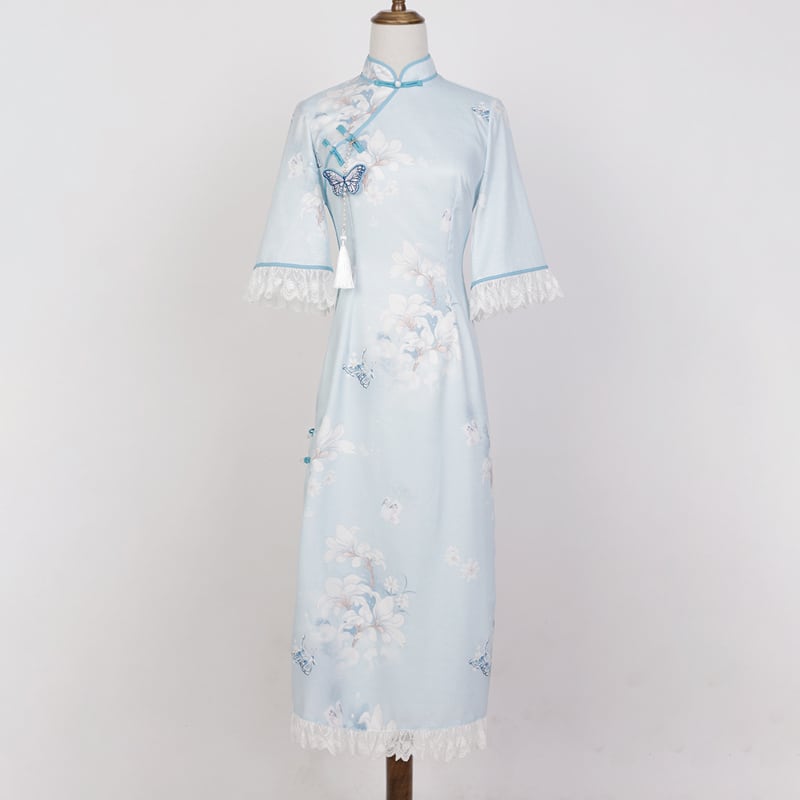 [Dust Smoke Cloud Dream --- Unlan Jade Nishiki Series]★China-style dress★Cheongsam dress, Chinese clothes, short sleeves, long length, butterfly ornament included