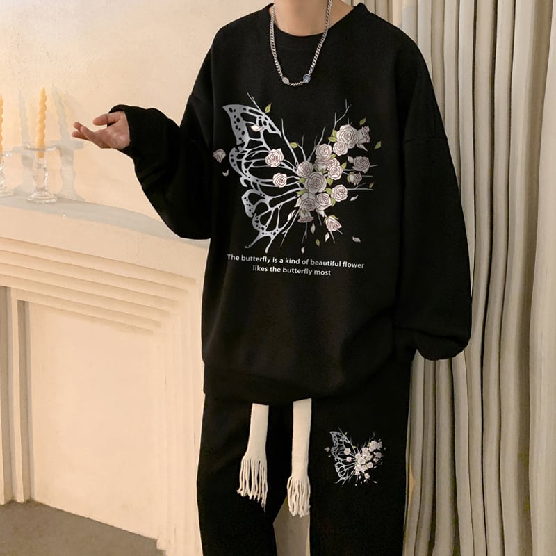 [Tetsusho Series]★Setup★ 4color 2-piece set Tops + pants Floral pattern Unisex Men's Large size White Black Gray