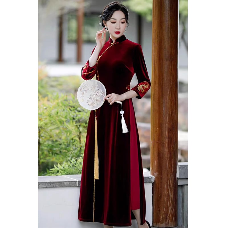 [ZHEZI series]★China dress★ 3color velvet embroidery large size long length green blue red