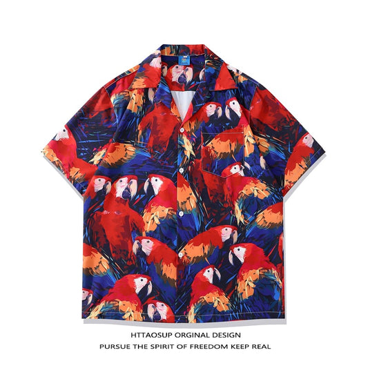 [HTTAOSUP Series]★Shirt★ Tops, short sleeve shirt, parrot pattern, animal pattern, color, unisex, men's, thin, cool