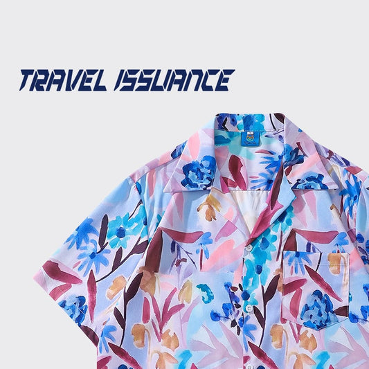 [TRAVEL ISSUANCE Series] ★Short Sleeve Shirt★ Hawaii Aloha Shirt Print Oil Painting Style Unisex Men's Blue Red