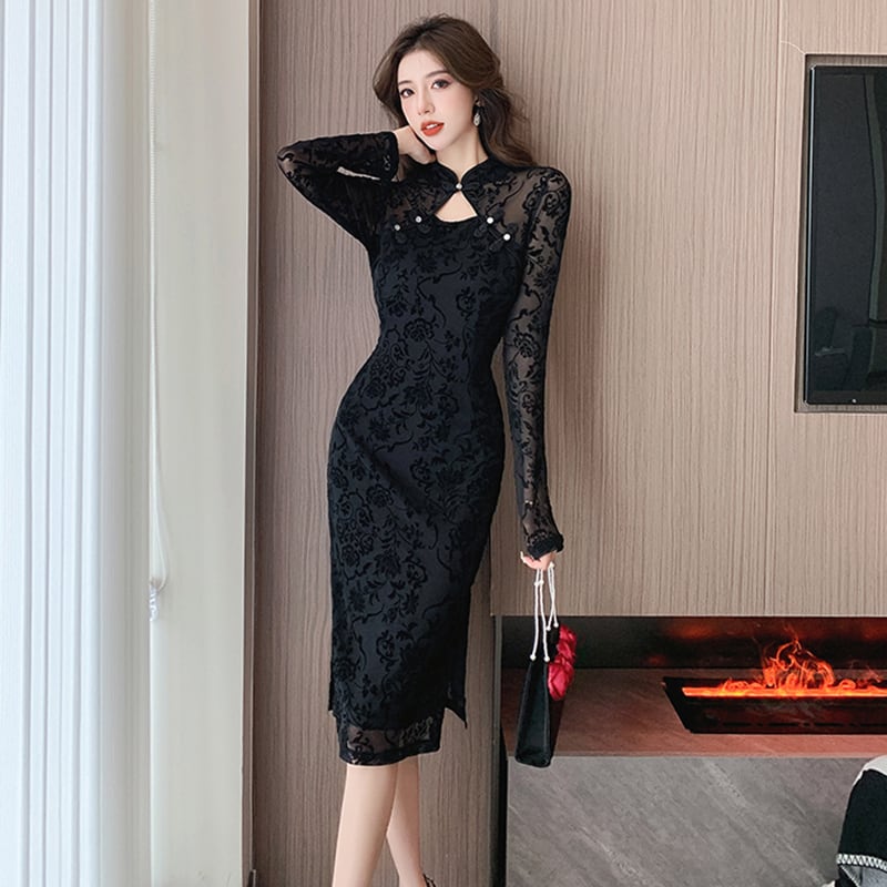 [AL Fashion Series] ★Cheongsam dress★ Chinese style dress, slimming, sexy, improving temperament, black, black