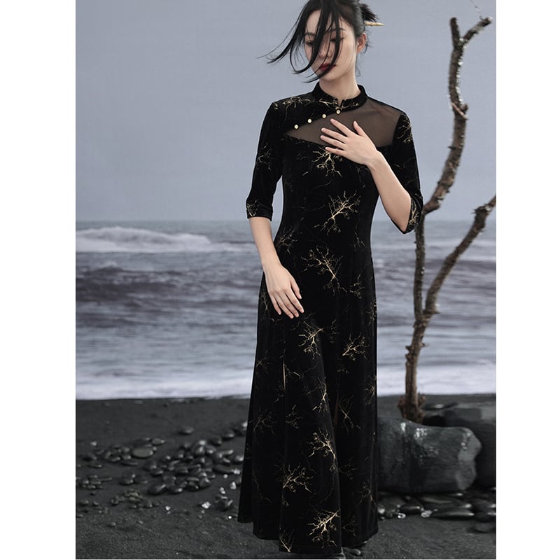 [Daiseiryusu Series] ★China-style dress★ Improved cheongsam dress, velvet, switching slit, black