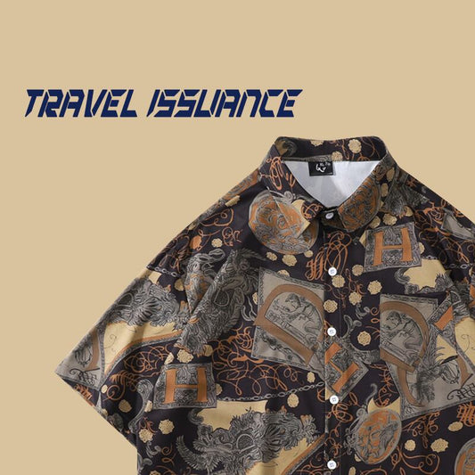 【TRAVEL ISSUANCEシリーズ】★レトロ シャツ★ プリント 民族風 半袖トップス 男女兼用 M L XL 2XL