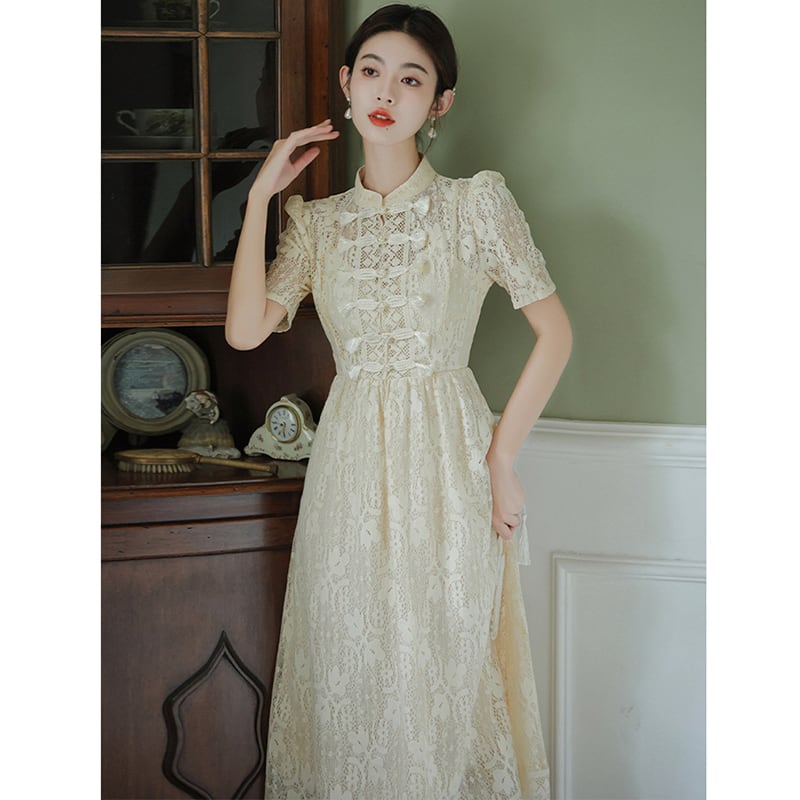 [BAIRIMENG Series]★China style dress★ Lace dress Improved Chinese dress Summer clothes Beige