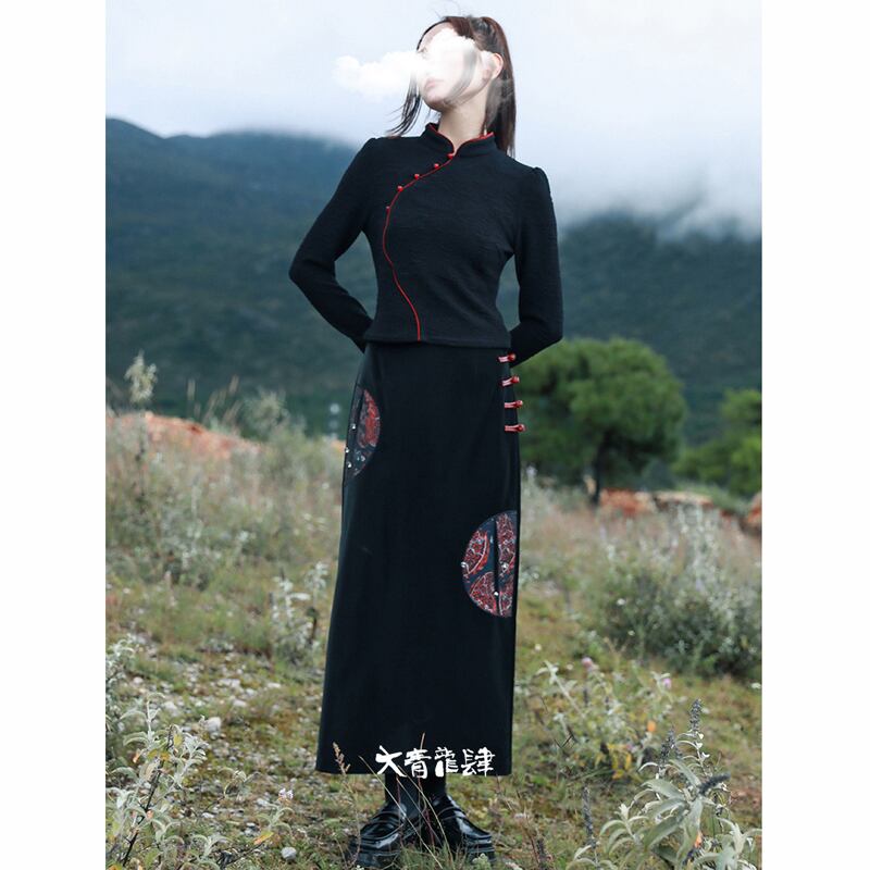 [Big Blue Dragon Series]★China style skirt★ PU skirt Chinese button ethnic style black black slimming wear