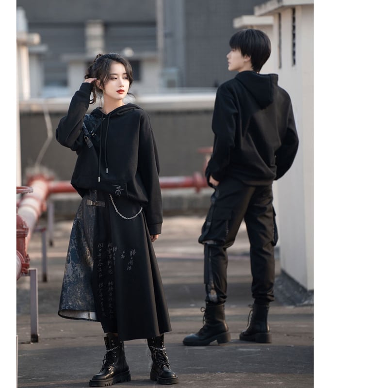 [Kyodo Series]★China style skirt★Bottoms Unisex Men's Switching Text Pattern Black Black Slit