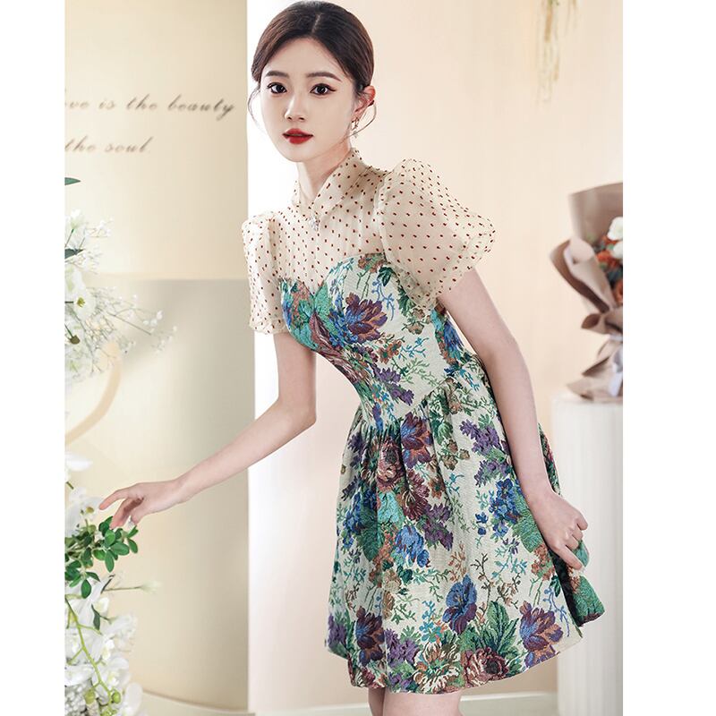 [WEIXIU Series] ★Party Dress★ One Piece Switching Floral Pattern Dot Pattern Short Length Cute Wedding