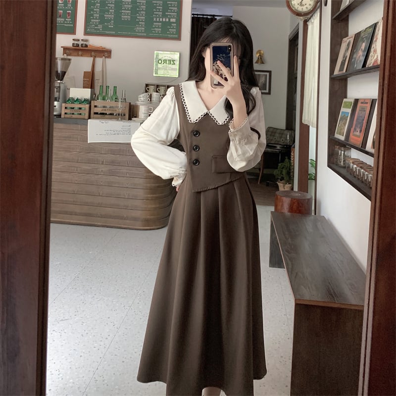 [Dong Xiaojie Series] ★Long Sleeve Dress★ Large Size Women's Dress Faux Layered Dark Brown