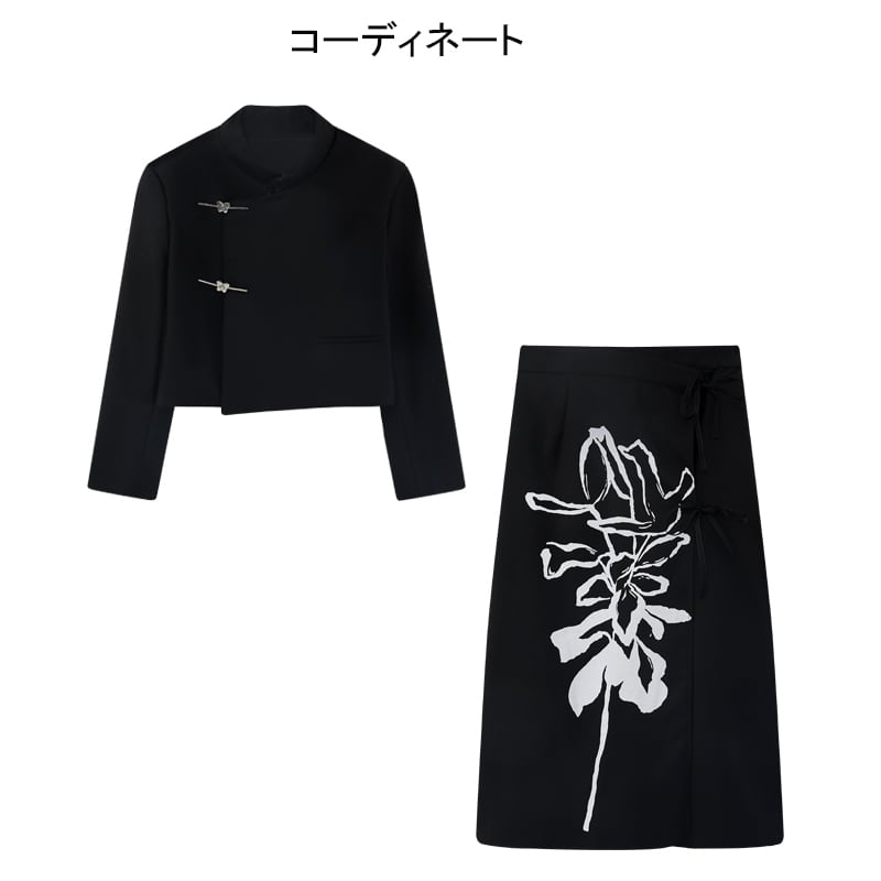 [LHSEN Series]★China style skirt★Bottoms Window skirt Easy to match Black Floral pattern