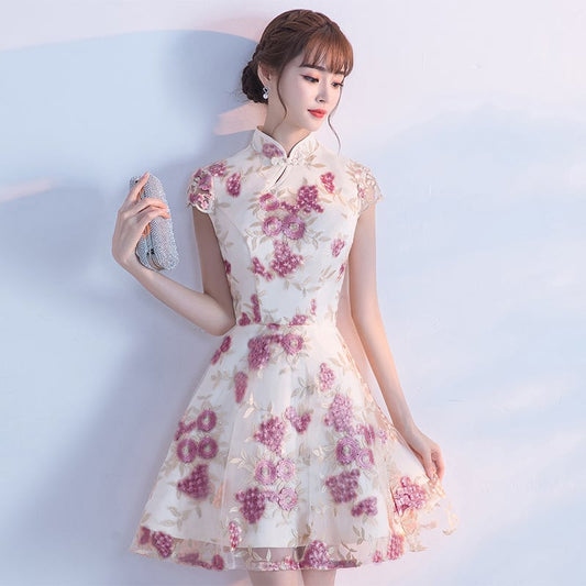 Short Cheongsam Dress with Flower Embroidery Coming of Age Ceremony Party Short Sleeve XS SML XL 2XLL Evening Dress Sweet