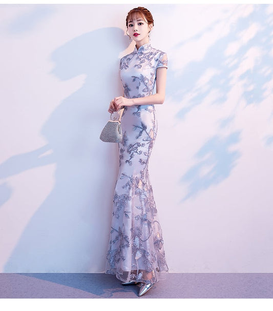 [Bride series] ★Cheongsam dress★ Dress Embroidered Mermaid line Beautiful SML Slimming Silver Gray