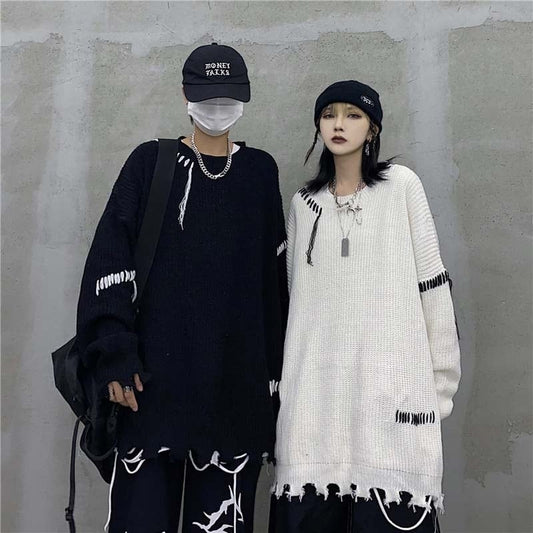 [OUMEIDK Series] ★Sweater★ 2color Tops Couple Unisex Loose Autumn/Winter Couple Clothes Unique Knit Black White