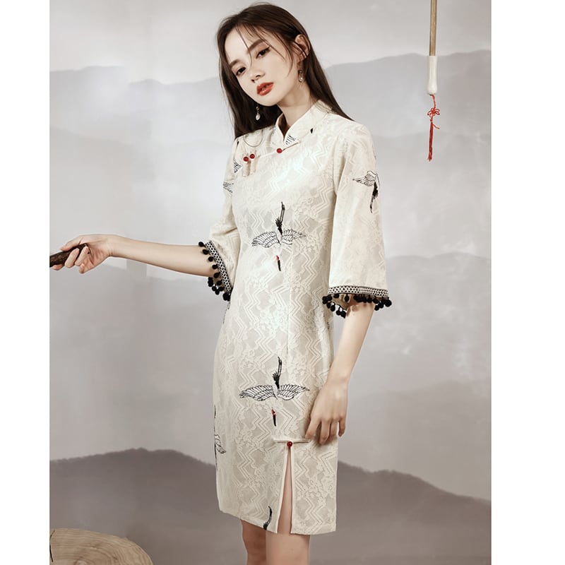 [YUEQIAO Series]★China Dress★ 2color Short Length Chinese Style Dress Crane Lace Chinese Clothes Black Black