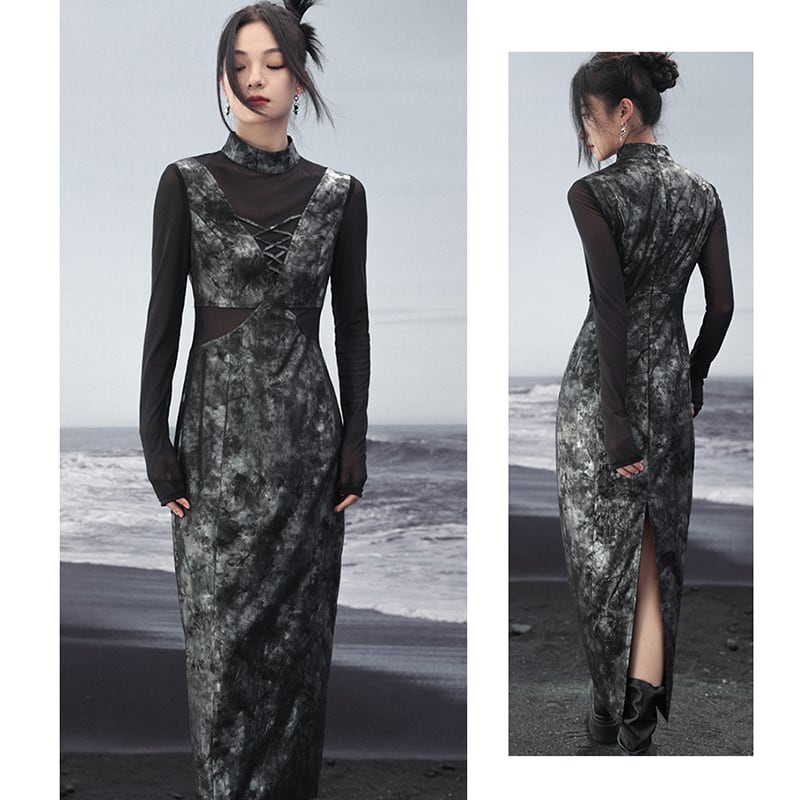 [Daiseiryusu series]★China style dress★ Switching fake layered long sleeve Switching long length Original