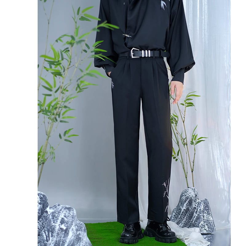 [Kuraho Koya Series]★China style trousers★Bottoms Bamboo embroidery Unisex Men's Black Black