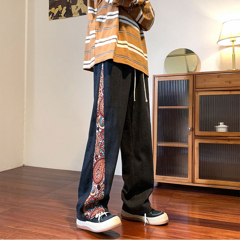 [High Series]★Casual Pants★ 2color Pants Bottoms Denim Pants Switching Print Floral Pattern Large Size