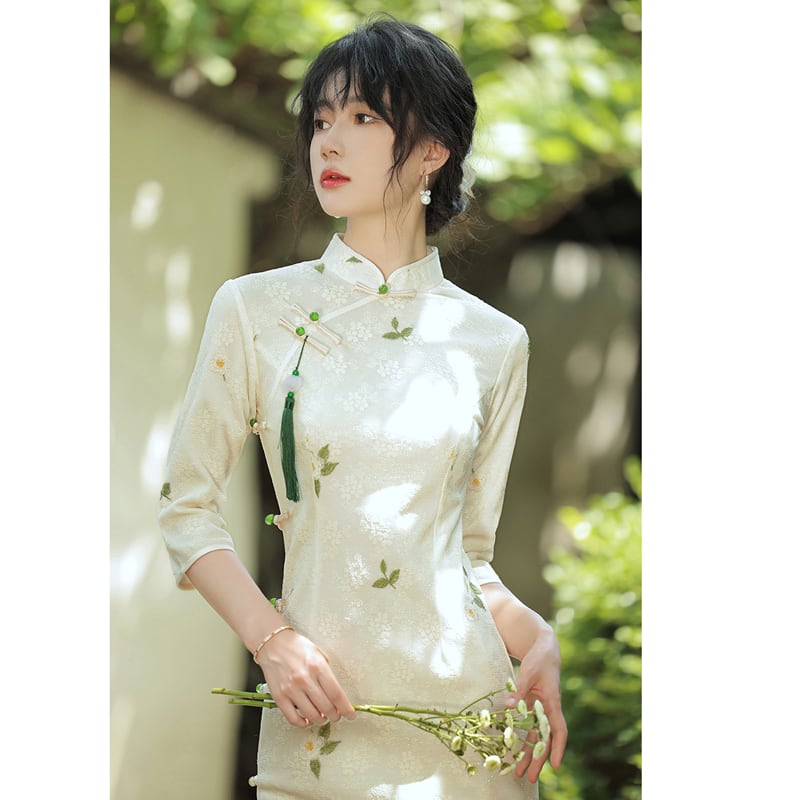 [Milading Series] ★Cheongsam dress★ Chinese style dress lace 3/4 sleeve slit elegant cute white white