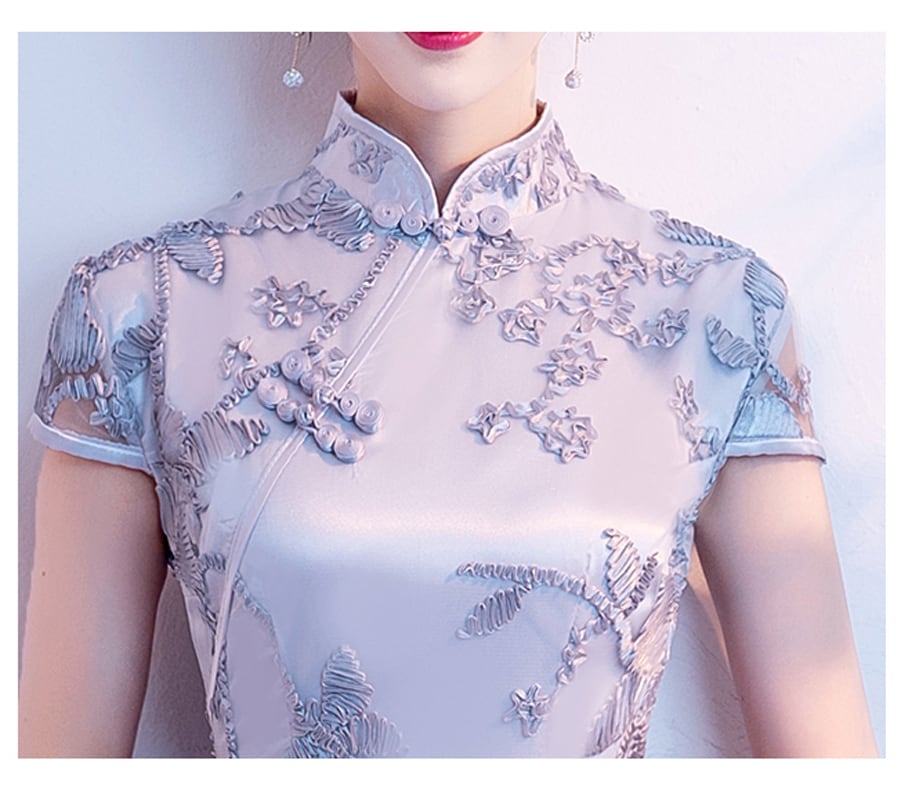 [Bride series] ★Cheongsam dress★ Dress Embroidered Mermaid line Beautiful SML Slimming Silver Gray