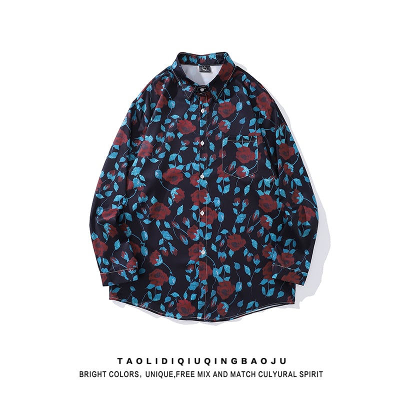 [HTTAOSUP Series]★Shirt★ Tops Floral pattern shirt Long sleeve shirt Unisex Men's ML XL 2XL Blue Red