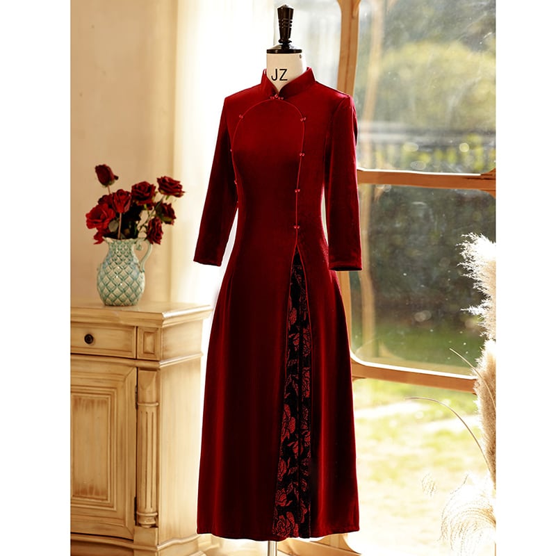 [ZHEZI Series]★China Dress★ 2color Velvet Dress Large Size Long Length Black Red