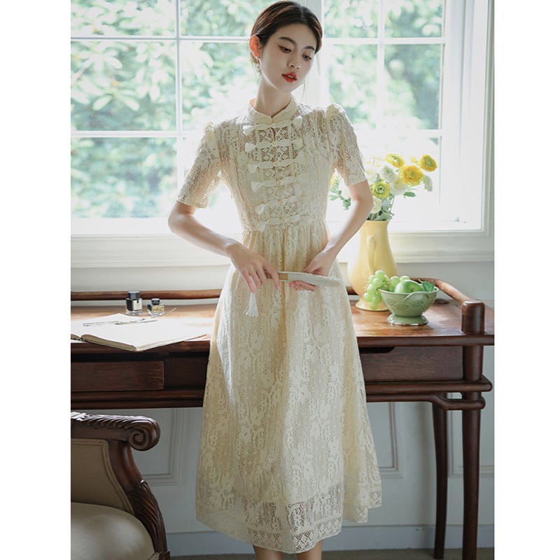 [BAIRIMENG Series]★China style dress★ Lace dress Improved Chinese dress Summer clothes Beige