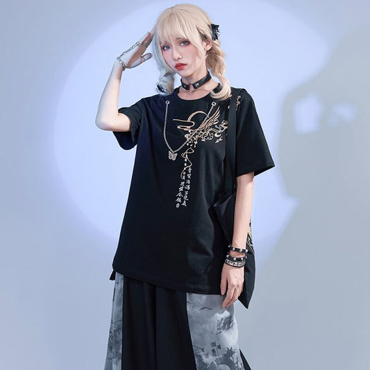 [Kyodo Series]★China style T-shirt★ Tops 2color Unisex Men's Embroidery with chain Butterfly Cotton