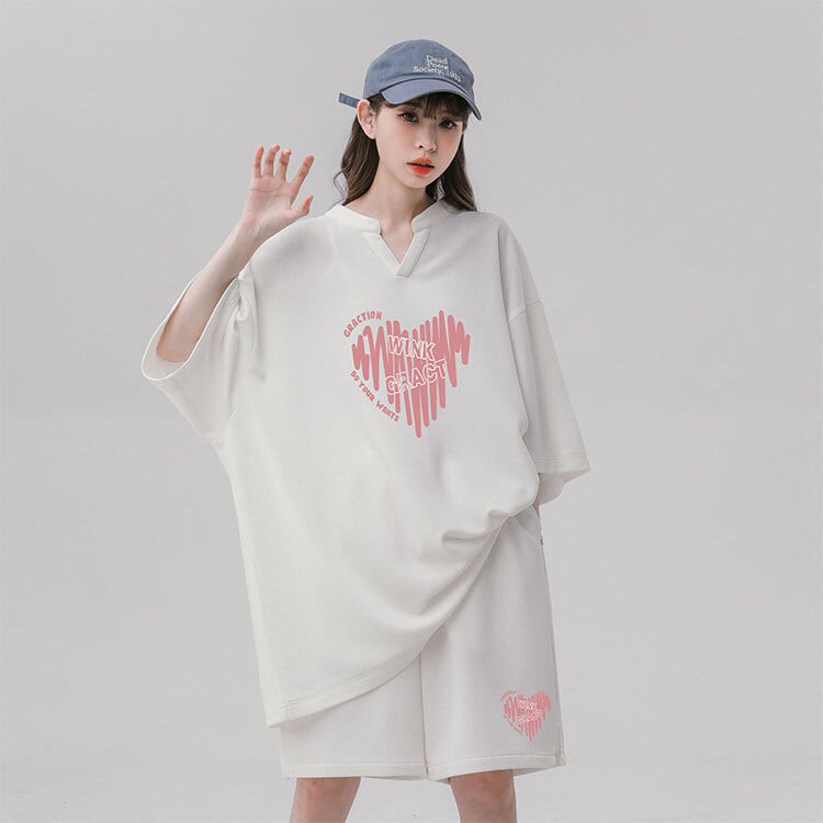 【LIEQUシリーズ】★セットアップ★ 2color Tシャツ+短パン 男女兼用 メンズ ゆったり 可愛い ホワイト ブラック