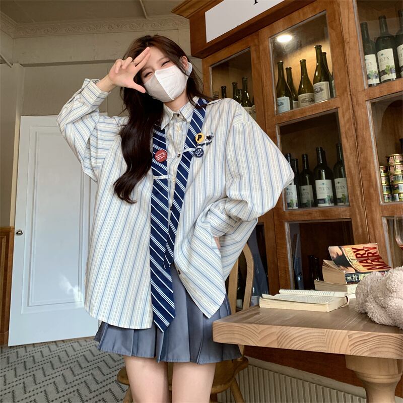 [Koshinke Series]★Shirt★ 2color Tops Vertical stripes Striped pattern Black Blue Light brown Loose Cute