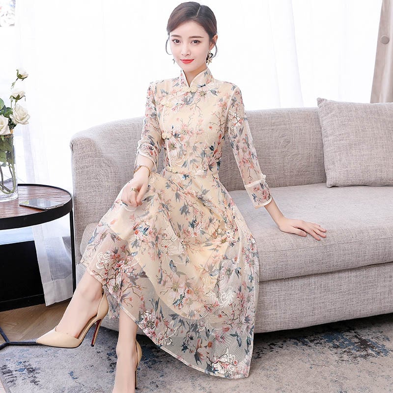 Chinese Style Dress, Long Dress, Long Sleeve, Good Temperament, Slim, Commuting, Girls' Night Out, Class Reunion, Present, Party, Large Size, ML, XL, 2XL, 3XL, Retro, Stand Neck, Floral Print, Apricot Color