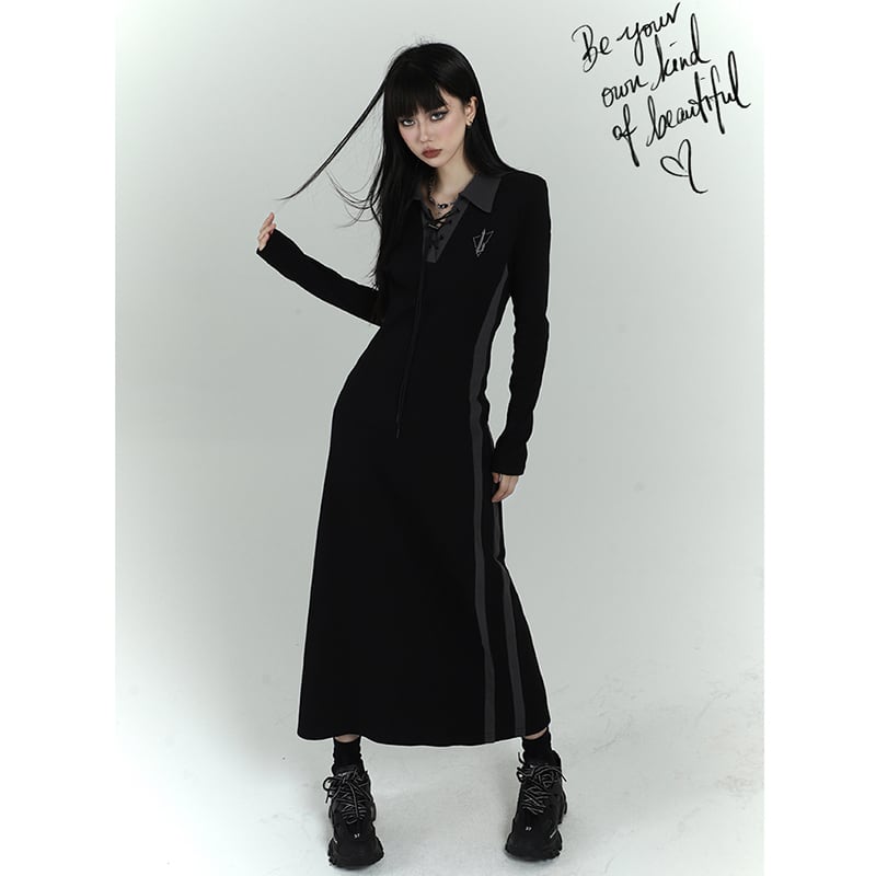 [LadyGhost Series]★Dress★ Dress POLO neck slimming long dress cute SML black black