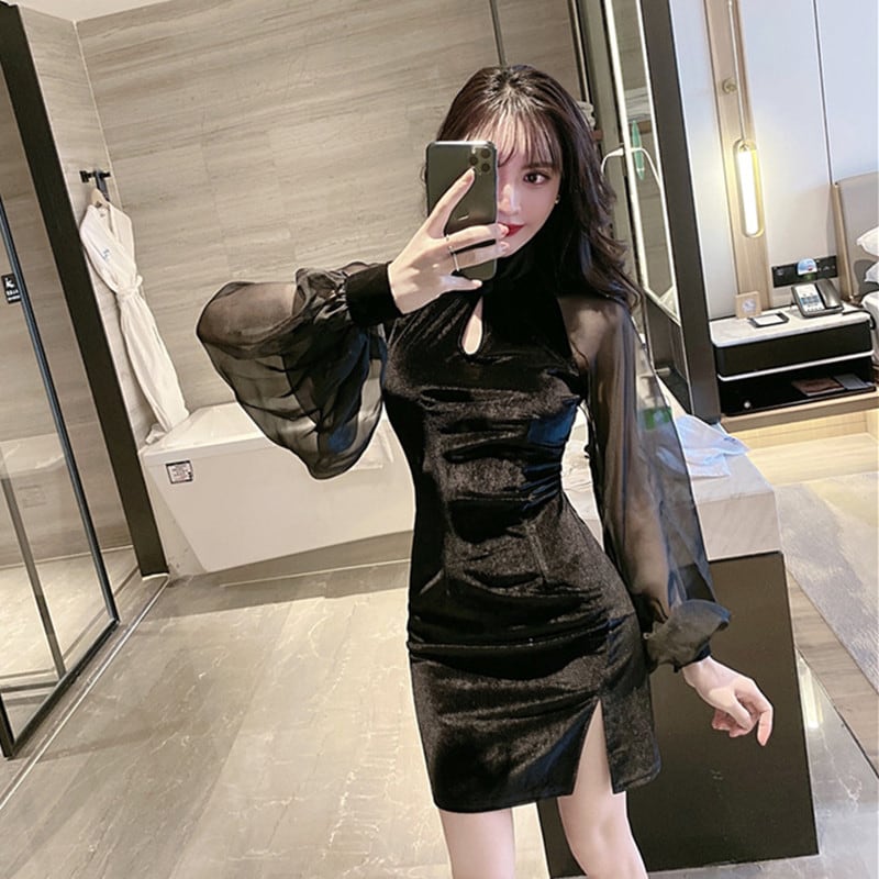 Mini Chinese Dress Velvet Chinese Clothes Long Sleeve S M L XL Black Black Cute Switching Easy to Match