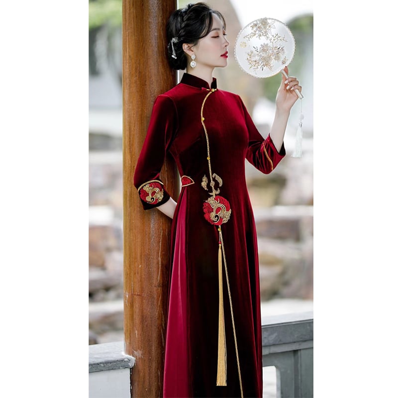 [ZHEZI series]★China dress★ 3color velvet embroidery large size long length green blue red