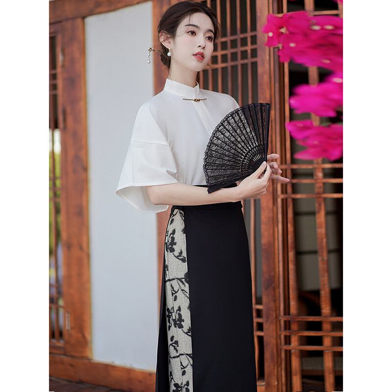 [BRMFUGU series]★China style skirt★Bottoms, slimming, floral pattern, Chinese elements, Chinese clothes, switching black, black