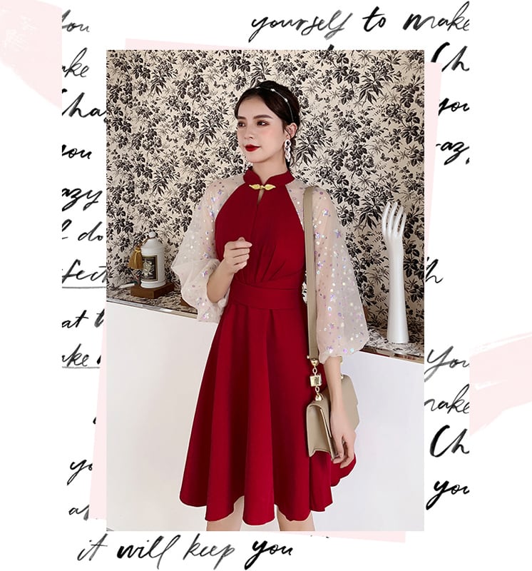 [JKJS Series] Chinese-style dress, short-length Chinese dress, improved Chinese dress, improved Tang costume, improved Hanfu, Chinese-style clothes, Chinese clothes, concerts, parties, SML LL, slimming, girls' parties, reunions, weddings, black, red